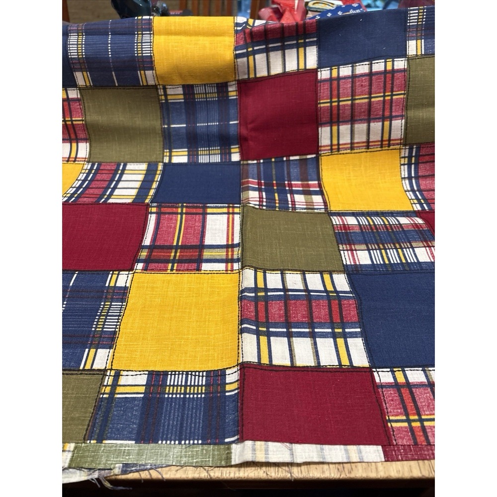 Vtg 70s Cotton Semi Sheer Fabric Faux Patchwork Red BLue Green 45x1 Yard